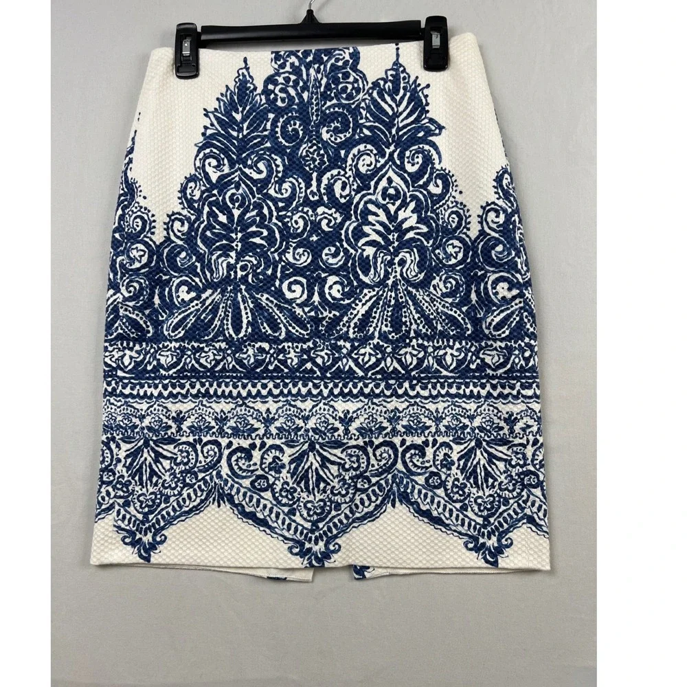 J.Crew No. 2 Pencil Skirt Women 4 White Blue Damask Tile Print Pique Cotton Bl